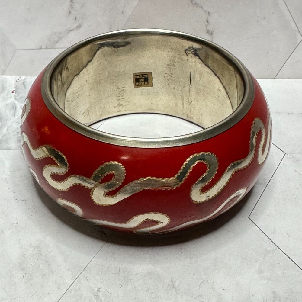 Giant Vintage Snake Pattern Bangle Bracelet Red Painted Brass India 2.5" Inner